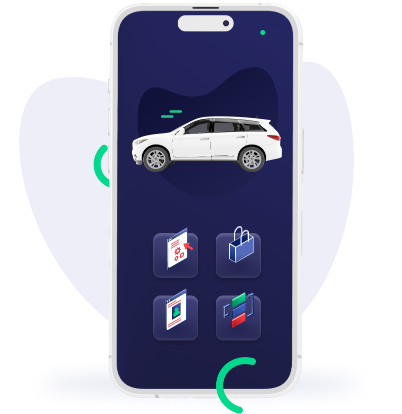 Bild eines symbolischen Smartphones auf dem ein Auto zu sehen ist und die Funktionen angedeutet sind