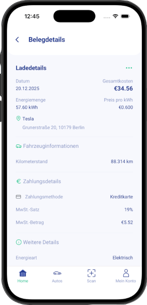 Spritkosten App - Liste der Ladevorgänge mit Datum, kWh-Preis und Kilometerstand