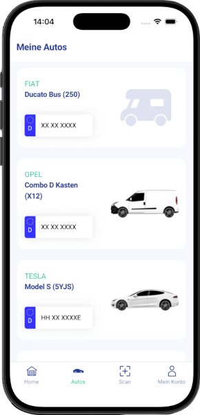 Fahrzeugschein App - Meine Autos Liste mit FIAT Ducato Bus, OPEL Combo D Kasten und TESLA Model S