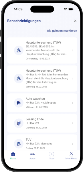 Fahrzeugschein App - Benachrichtigungen mit TÜV-Erinnerungen, Leasing-Ende und eigenen Terminen