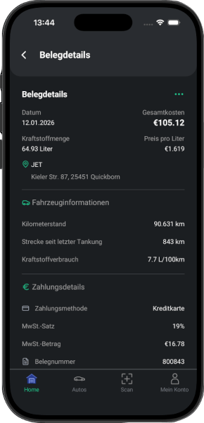 Spritkosten App Belegdetails - Tankvorgang mit Datum, Litermenge, Preis pro Liter, Tankstelle und Verbrauchsberechnung